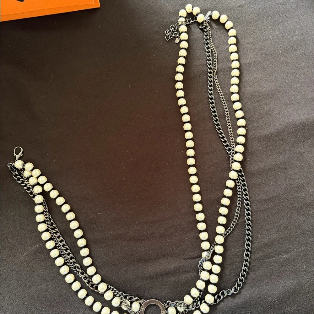 ZARA Pearl Chain Waist Belt Black & White Statement Belt